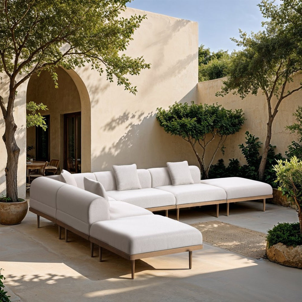 Meridian Furniture Laguna Six Piece Modular Outdoor Sectional Olefin Fabric Teak Frame Resort Style 55036Cream-Sec6E