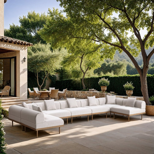 Meridian Furniture Laguna 7 Piece Modular Outdoor Sectional Olefin Fabric Teak Aluminum Frame Patio Set 55036Cream-Sec7B