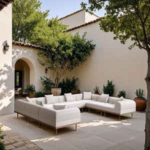 Meridian Furniture Laguna Eight Piece Modular Outdoor Sectional Olefin Fabric Teak Aluminum Frame Patio 55036Cream-Sec8A