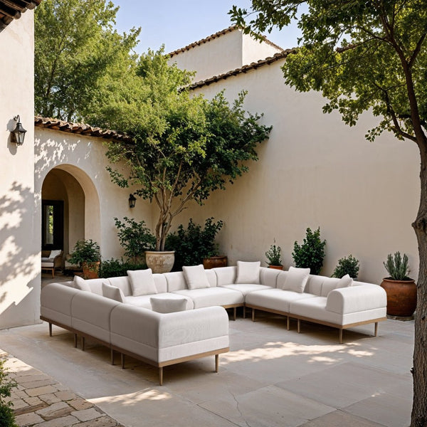 Meridian Furniture Laguna Eight Piece Modular Outdoor Sectional Olefin Fabric Teak Aluminum Frame Patio 55036Cream-Sec8A