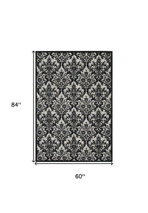 Homeroots 5' X 7' Ivory And Black Damask Distressed Area Rug  Cotton,Polyester 550377