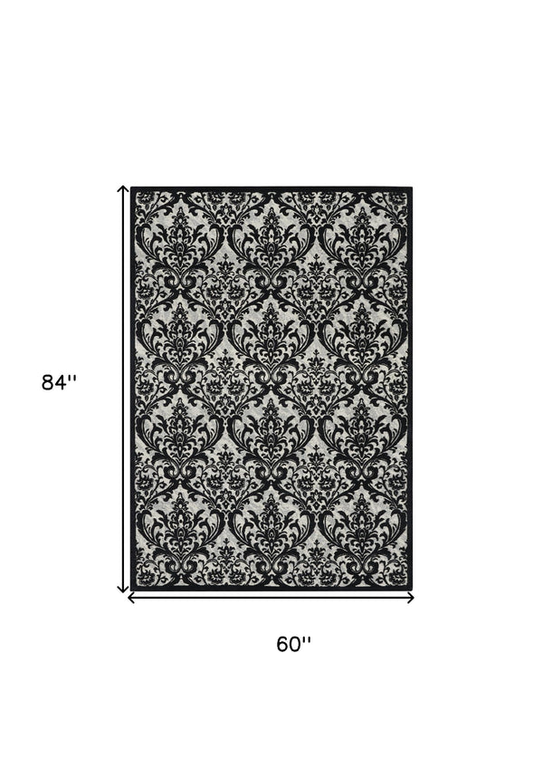 Homeroots 5' X 7' Ivory And Black Damask Distressed Area Rug  Cotton,Polyester 550377