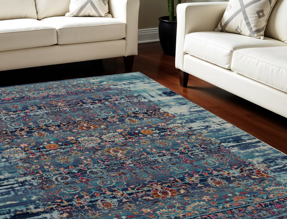 Homeroots 8' X 10' Floral Distressed Area Rug In Blue, Red & Orange - Durable, Non-skid, Stain Resistant Design  Polypropylene 550382