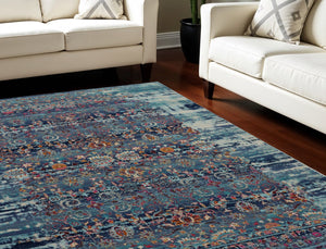 Homeroots 8' X 10' Floral Distressed Area Rug In Blue, Red & Orange - Durable, Non-skid, Stain Resistant Design  Polypropylene 550382