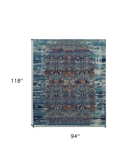 Homeroots 8' X 10' Floral Distressed Area Rug In Blue, Red & Orange - Durable, Non-skid, Stain Resistant Design  Polypropylene 550382