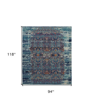 Homeroots 8' X 10' Floral Distressed Area Rug In Blue, Red & Orange - Durable, Non-skid, Stain Resistant Design  Polypropylene 550382