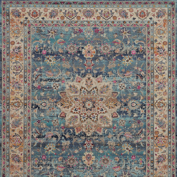 Homeroots 8' X 10' Distressed Blue And Beige Floral Medallion Non-skid Area Rug – Durable, Stain-resistant Style!  Polypropylene 550383