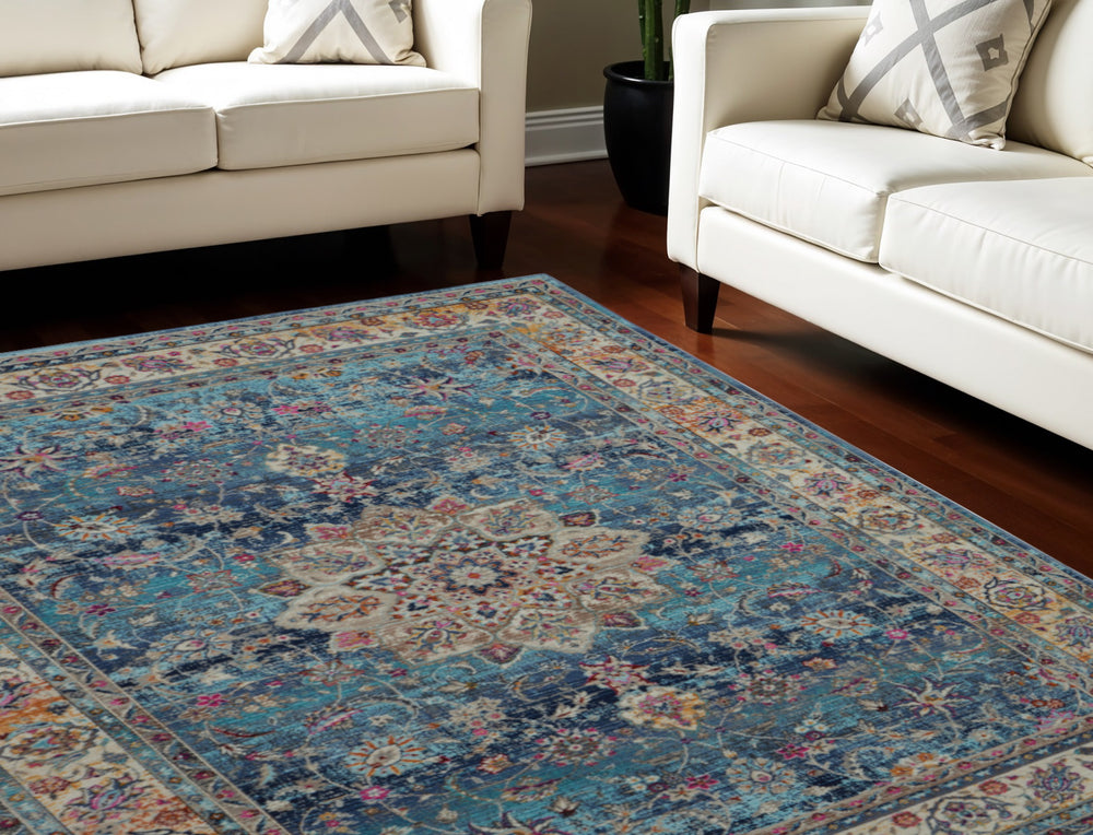 Homeroots 8' X 10' Distressed Blue And Beige Floral Medallion Non-skid Area Rug – Durable, Stain-resistant Style!  Polypropylene 550383