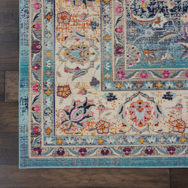 Homeroots 8' X 10' Distressed Blue And Beige Floral Medallion Non-skid Area Rug – Durable, Stain-resistant Style!  Polypropylene 550383