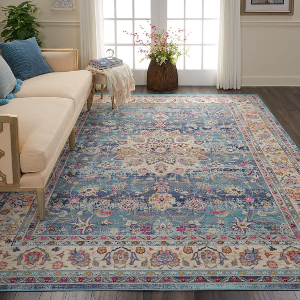 HomeRoots 8' Elegant Blue and Beige Floral Medallion Rug - Durable, Stain-Resistant, Non-Skid Area Essential 8' X 10' 550383