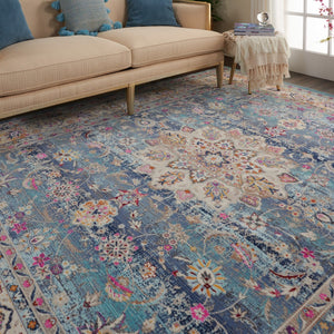 HomeRoots 8' Elegant Blue and Beige Floral Medallion Rug - Durable, Stain-Resistant, Non-Skid Area Essential 8' X 10' 550383