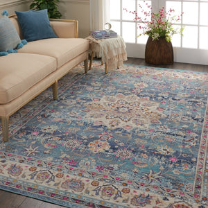 HomeRoots 8' Elegant Blue and Beige Floral Medallion Rug - Durable, Stain-Resistant, Non-Skid Area Essential 8' X 10' 550383