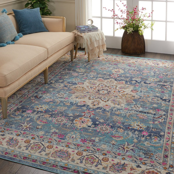 HomeRoots 8' Elegant Blue and Beige Floral Medallion Rug - Durable, Stain-Resistant, Non-Skid Area Essential 8' X 10' 550383