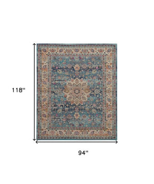 Homeroots 8' X 10' Distressed Blue And Beige Floral Medallion Non-skid Area Rug – Durable, Stain-resistant Style!  Polypropylene 550383