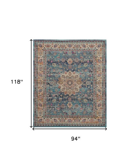 Homeroots 8' X 10' Distressed Blue And Beige Floral Medallion Non-skid Area Rug – Durable, Stain-resistant Style!  Polypropylene 550383