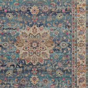 Homeroots 8' X 10' Distressed Blue And Beige Floral Medallion Non-skid Area Rug – Durable, Stain-resistant Style!  Polypropylene 550383