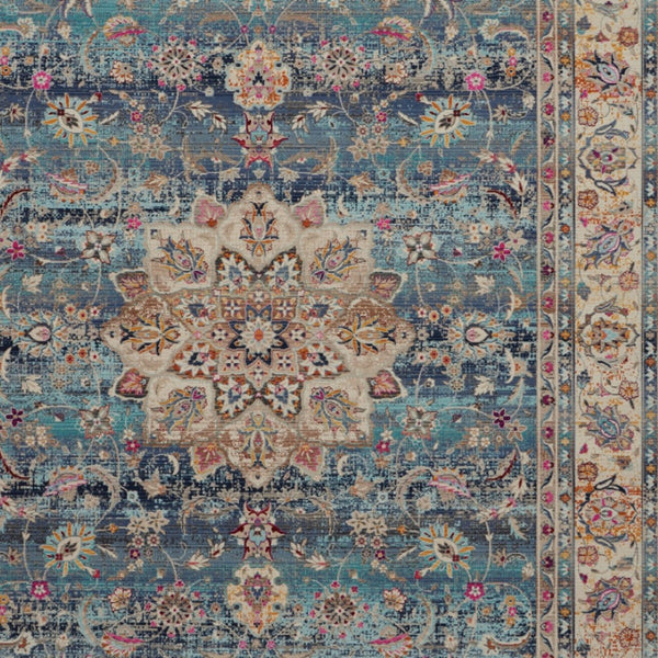 Homeroots 8' X 10' Distressed Blue And Beige Floral Medallion Non-skid Area Rug – Durable, Stain-resistant Style!  Polypropylene 550383