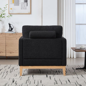 English Elm 35.4" Wide Modern Farmhouse Accent Chair With Soft Black Boucle, Natural Wood Legs & Bolster Pillows W3118P283468