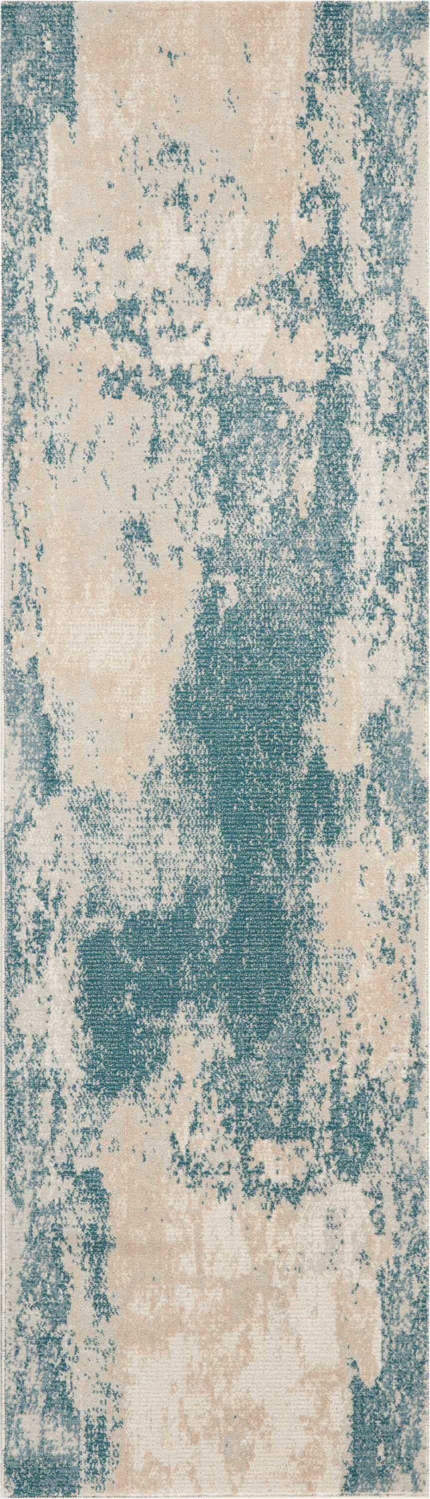 Homeroots 8' Teal And Ivory Abstract Non Skid Runner Rug  Polyester 550397