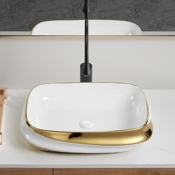 English Elm 24x17" Ceramic Vessel Sink Gold Rim Above Counter Vanity Basin for Modern Bathrooms W3402P435606