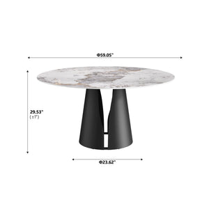 English Elm 59.05"Modern Round Dining Table With Durable Sintered Stone Top & Black Steel Base For 6-8 People W1535S00442
