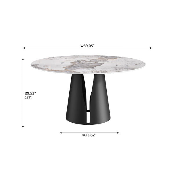 English Elm 59.05"Modern Round Dining Table With Durable Sintered Stone Top & Black Steel Base For 6-8 People W1535S00442