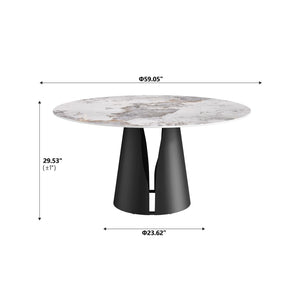 English Elm 59.05" Round Sintered Stone Dining Table with Lazy Susan Iron Base Seats 8 W1535S00639