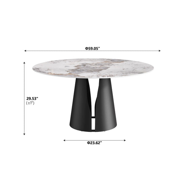 English Elm 59.05" Round Sintered Stone Dining Table with Lazy Susan Iron Base Seats 8 W1535S00639