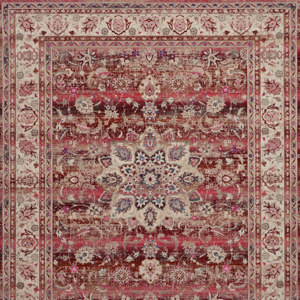 Homeroots 8' X 10' Ivory And Red Floral Distressed Area Rug - Durable, Non-skid, Stain Resistant For Homes!  Polypropylene 550411