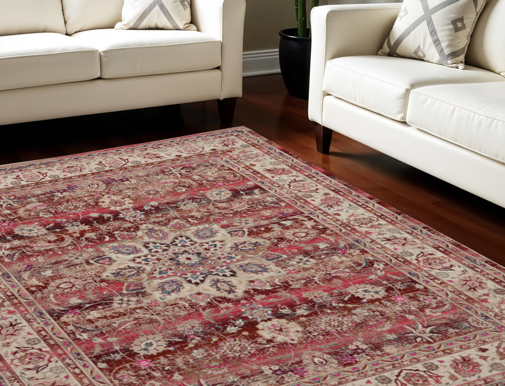 Homeroots 8' X 10' Ivory And Red Floral Distressed Area Rug - Durable, Non-skid, Stain Resistant For Homes!  Polypropylene 550411