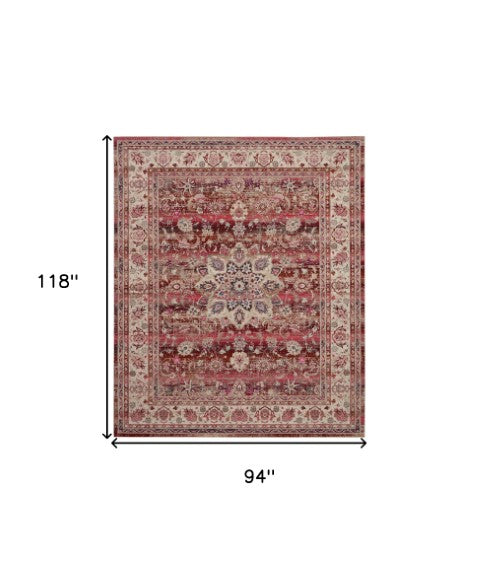 Homeroots 8' X 10' Ivory And Red Floral Distressed Area Rug - Durable, Non-skid, Stain Resistant For Homes!  Polypropylene 550411