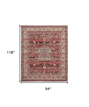 Homeroots 8' X 10' Ivory And Red Floral Distressed Area Rug - Durable, Non-skid, Stain Resistant For Homes!  Polypropylene 550411