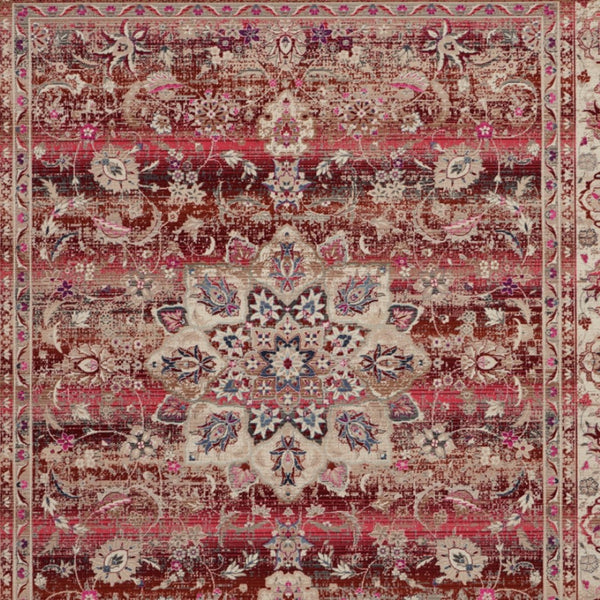Homeroots 8' X 10' Ivory And Red Floral Distressed Area Rug - Durable, Non-skid, Stain Resistant For Homes!  Polypropylene 550411