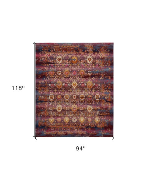 Homeroots 8' X 10' Stylish Blue, Yellow & Red Floral Distressed Area Rug - Non-skid, Durable & Stain Resistant!  Polypropylene 550412