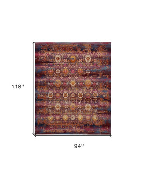 Homeroots 8' X 10' Stylish Blue, Yellow & Red Floral Distressed Area Rug - Non-skid, Durable & Stain Resistant!  Polypropylene 550412