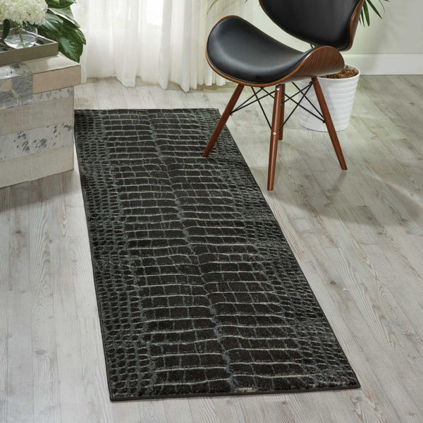 Homeroots 8' Beige Charcoal And Cream Animal Print Distressed Non Skid Runner Rug  Polyester 550423