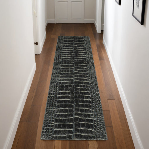 Homeroots 8' Beige Charcoal And Cream Animal Print Distressed Non Skid Runner Rug  Polyester 550423