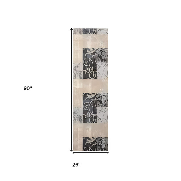 Homeroots 8' Tan Black And Ivory Floral Vines Non Skid Runner Rug  Polyester 550424