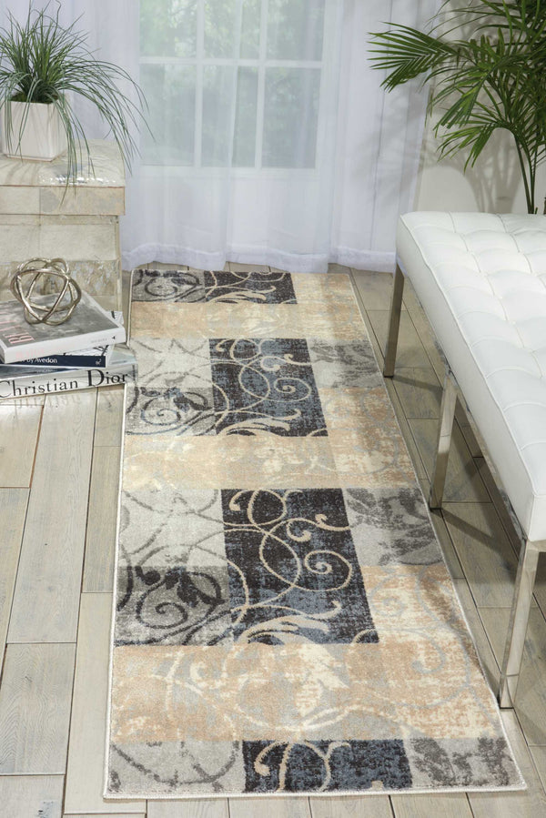 Homeroots 8' Tan Black And Ivory Floral Vines Non Skid Runner Rug  Polyester 550424