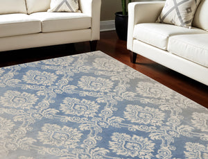 Homeroots 8' X 10' Ivory And Blue Damask Distressed Non Skid Area Rug  Polypropylene,Polyester 550430