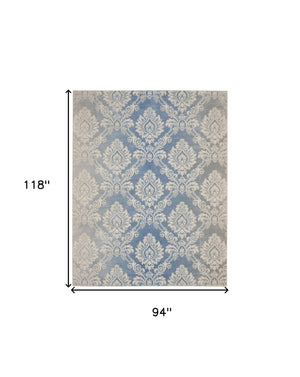 Homeroots 8' X 10' Ivory And Blue Damask Distressed Non Skid Area Rug  Polypropylene,Polyester 550430