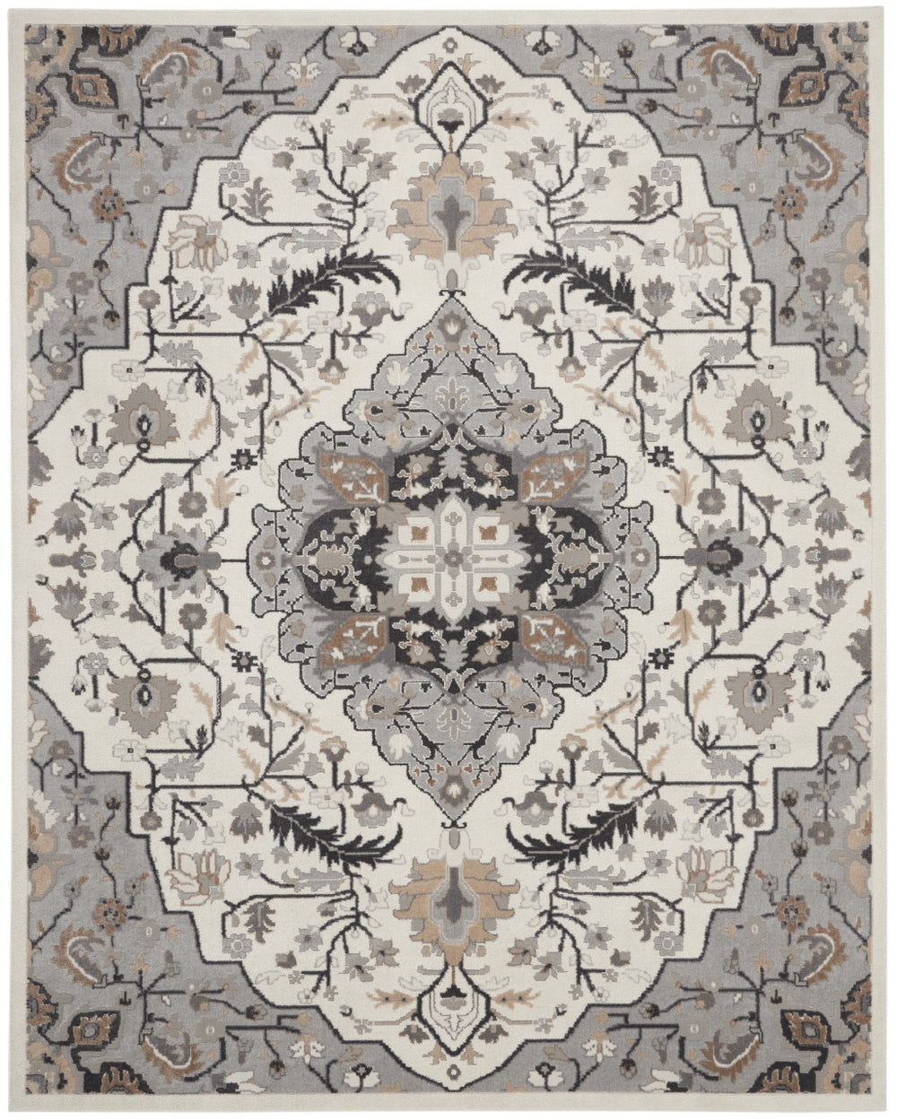 Homeroots 8' X 10' Ivory Black And Gray Floral Non Skid Area Rug  Polypropylene,Polyester 550431