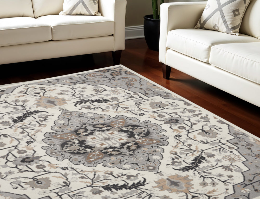 Homeroots 8' X 10' Ivory Black And Gray Floral Non Skid Area Rug  Polypropylene,Polyester 550431