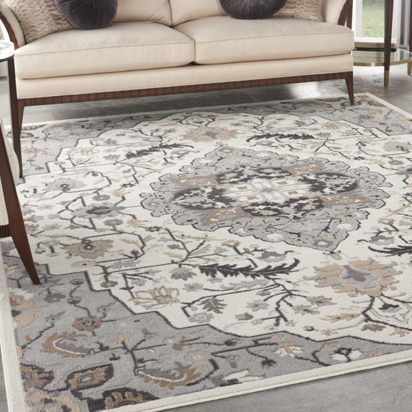 HomeRoots 8' Elegant Ivory, Black & Gray Floral Non-Skid Area Rug for Timeless Style & Durability in Your Home 8' X 10' 550431