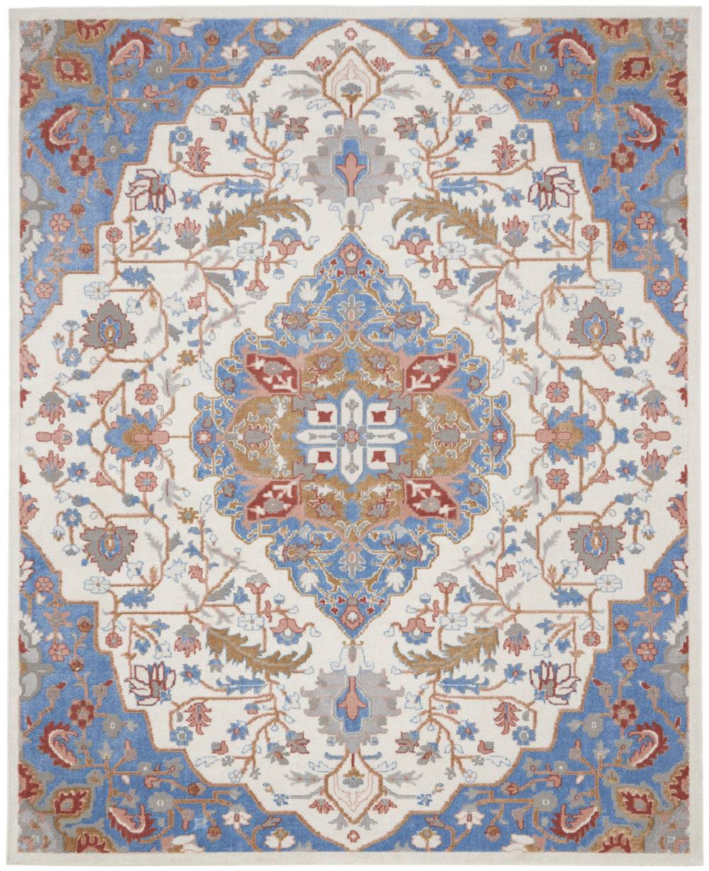 Homeroots 8' X 10' Ivory And Blue Floral Non Skid Area Rug  Polypropylene,Polyester 550432