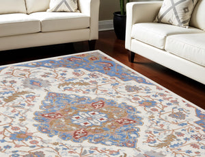 Homeroots 8' X 10' Ivory And Blue Floral Non Skid Area Rug  Polypropylene,Polyester 550432
