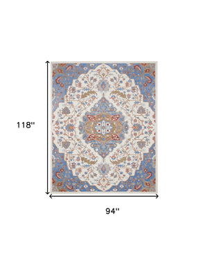 Homeroots 8' X 10' Ivory And Blue Floral Non Skid Area Rug  Polypropylene,Polyester 550432