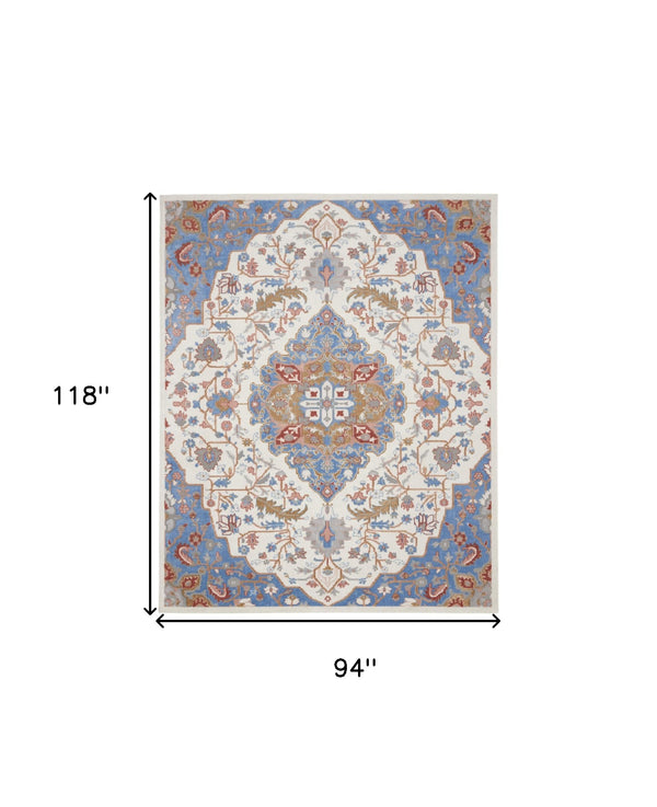 Homeroots 8' X 10' Ivory And Blue Floral Non Skid Area Rug  Polypropylene,Polyester 550432