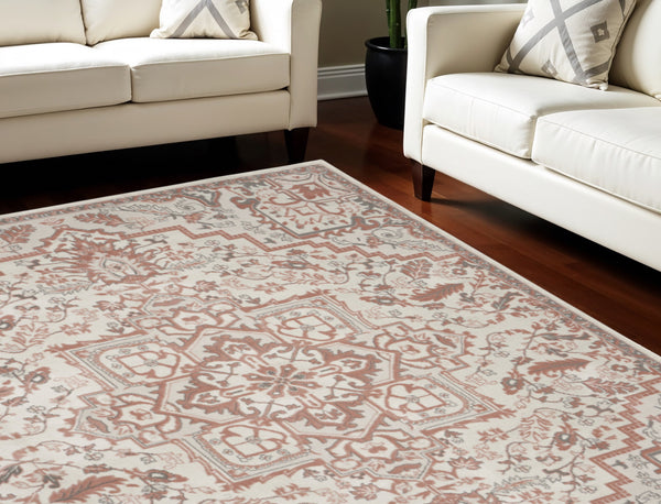 Homeroots 8' X 10' Ivory And Red Floral Non Skid Area Rug  Polypropylene,Polyester 550433