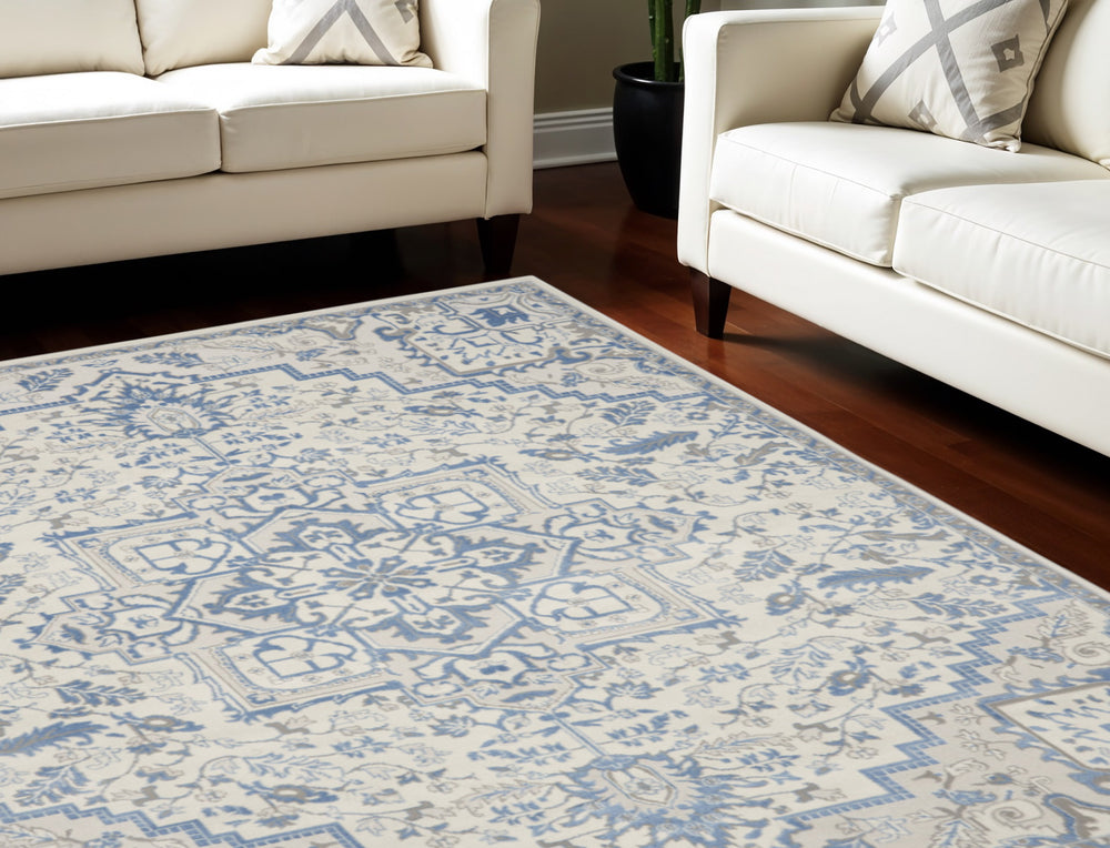 Homeroots 8' X 10' Ivory And Blue Floral Non Skid Area Rug  Polypropylene,Polyester 550434